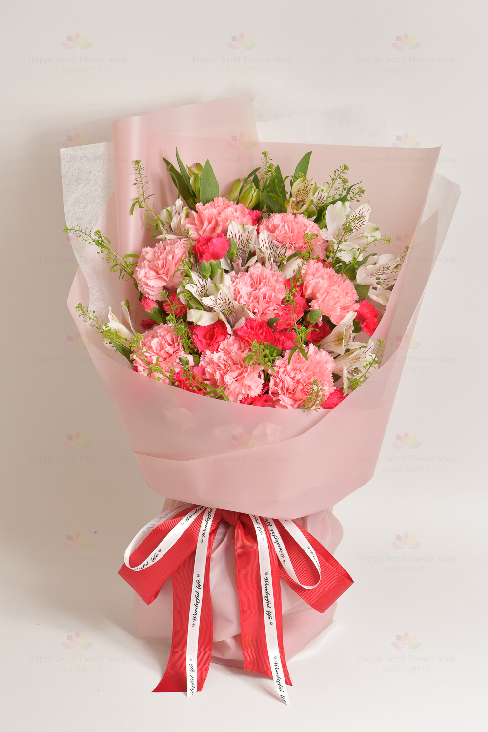 Respect and love (8 pink carnations, pink xiaoding, white lily, BB grass)