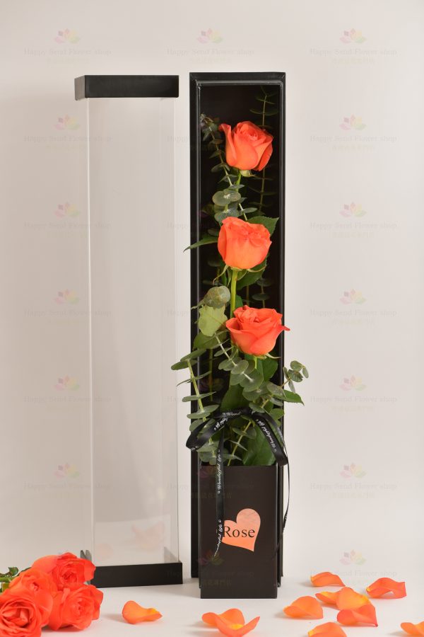 3 stems imported rose gift box (3 stems orange roses, eucalyptus)