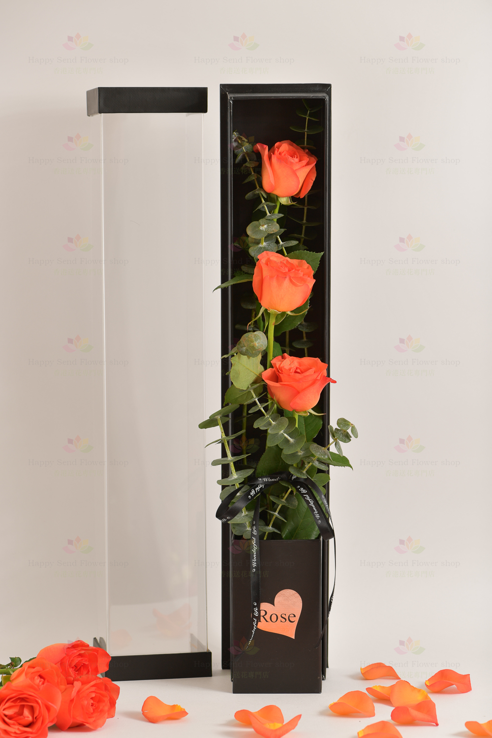 3 stems imported rose gift box (3 stems orange roses, eucalyptus)