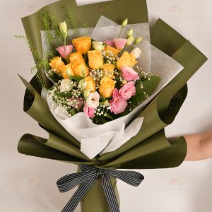 Treasure Blessing (12 yellow roses, pink platycodon, white gypsophila, BB grass)