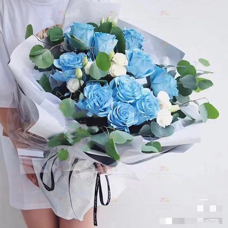 You are a treasure (10 icy blue roses, white lisianthus, eucalyptus)
